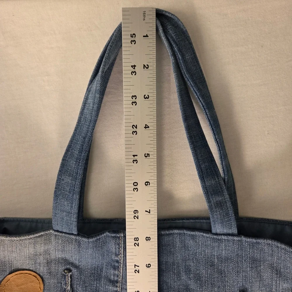 Denim Patchwork Tote Bag Shoulder Straps Cityscape Town